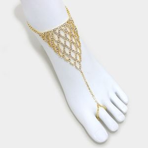 Gold Chain Rhinestone Crystal Anklet Metal Net Style Toe Ring Statement Jewelry